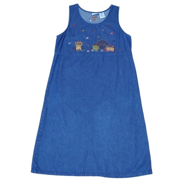 Vintage Bobbie Brooks Fall Leaves Embroidery Denim Jumper Dress  Size Large - Picture 1 of 8
